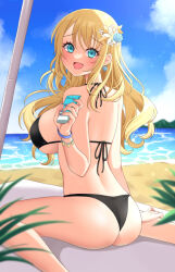 Rule 34 | 1girl, ass, atago (kancolle), beach, bikini, black bikini, blonde hair, blue eyes, blue nails, blue sky, breasts, cloud, commentary request, day, feet out of frame, flower, from behind, hair flower, hair ornament, horizon, kantai collection, large breasts, long hair, looking at viewer, lotion, nail polish, ocean, outdoors, sitting, sky, solo, sunscreen, swimsuit, wariza, yomogi dango