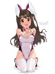 Rule 34 | 1girl, animal ears, baba arumi, bow, bowtie, brown eyes, brown hair, commentary, competition swimsuit, dated, detached collar, dot nose, double v, fake animal ears, groin, hands up, highleg, highleg swimsuit, idolmaster, idolmaster cinderella girls, legs, long hair, looking at viewer, one-piece swimsuit, open mouth, pink bow, pink bowtie, playboy bunny swimsuit, rabbit ears, red footwear, shimamura uzuki, side ponytail, sidelocks, signature, sitting, smile, solo, swimsuit, thighhighs, thighs, v, wariza, white background, white one-piece swimsuit, white thighhighs, wrist cuffs