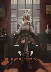 Rule 34 | 1girl, absurdres, alarm clock, andy2465, bird, book, breasts, brown eyes, brown hair, camera, chair, cleavage, unworn cloak, clock, corset, dagger, feather hair ornament, feathers, gloves, grandfather clock, hair ornament, hairclip, highres, hololive, hololive english, knife, lantern, crossed legs, long hair, nanashi mumei, owl, partially fingerless gloves, single thighhigh, sitting, smile, solo, table, thighhighs, vase, very long hair, virtual youtuber, weapon, window