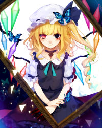 Rule 34 | 1girl, alternate color, aqua nails, blonde hair, blood, blood on hands, blood stain, bloody tears, blue background, blue eyes, blue nails, blue skirt, blue vest, bow, bug, butterfly, choker, collar, daimaou ruaeru, dark, flandre scarlet, frilled collar, frilled shirt collar, frills, hat, hat bow, heterochromia, highres, insect, light particles, long hair, looking at viewer, mob cap, multicolored nails, nail polish, picture frame, purple nails, red eyes, ribbon, shirt, side ponytail, simple background, skirt, smile, solo, split theme, tearing up, touhou, vest, white background, white shirt, yellow pupils