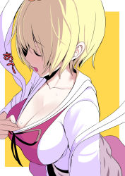 Rule 34 | 1girl, amisu, black ribbon, blonde hair, border, breasts, cleavage, cleavage reach, closed eyes, collarbone, commentary request, dress, highres, large breasts, long sleeves, open mouth, outside border, red dress, ribbon, short hair, solo, sweat, toramaru shou, touhou, translation request, upper body, white border, yellow background
