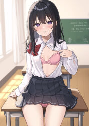Rule 34 | 1girl, absurdres, arm support, black hair, black skirt, blush, bow, bowtie, bra, breasts, chair, chalkboard, classroom, collared shirt, curtains, day, desk, hair between eyes, highres, indoors, long hair, long sleeves, looking at viewer, okiq, on desk, open clothes, open mouth, open shirt, original, panties, pantyshot, parted lips, pink bra, pink panties, pleated skirt, purple eyes, red bow, red bowtie, redrawn, school chair, school desk, school uniform, shirt, sitting, skirt, small breasts, smile, solo, sunlight, sweatdrop, underwear, uniform, white shirt, window, window shadow, wooden floor