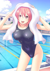 Rule 34 | 1girl, arms up, bare arms, breasts, chain-link fence, cloud, collarbone, competition swimsuit, covered erect nipples, covered navel, day, fence, hair between eyes, highleg, highleg swimsuit, kuri (kurigohan), lane line, large breasts, leaning forward, looking at viewer, one-piece swimsuit, open mouth, outdoors, pink eyes, pink hair, pool, poolside, school, short hair, skin tight, sky, smile, solo, speedo (company), standing, swimsuit, towel, towel on head, water, wet, white towel