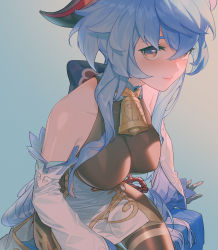 Rule 34 | absurdres, bare shoulders, bell, black legwear, blue hair, blush, bow, breasts, chinese knot, detached sleeves, flower knot, from above, ganyu (genshin impact), genshin impact, gold trim, haje, highres, horns, light smile, long hair, looking at viewer, medium breasts, multicolored eyes, neck bell, sidelocks, sitting, solo, thigh gap, thighlet, white sleeves