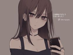 Rule 34 | 1girl, bad id, bad twitter id, bare shoulders, black shirt, brown background, brown eyes, brown hair, cellphone, collarbone, commentary request, ear piercing, earrings, eyebrows hidden by hair, hair between eyes, highres, holding, holding phone, jewelry, long hair, looking at viewer, off-shoulder shirt, off shoulder, original, phone, piercing, shirt, simple background, solo, stud earrings, translation request, tsuruse, twitter username, upper body