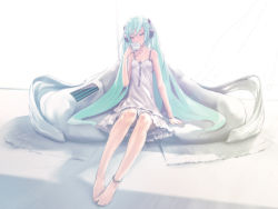Rule 34 | 1girl, anklet, barefoot, blue hair, cup, dress, drinking, feet, flat chest, full body, hatsune miku, jewelry, last night good night (vocaloid), long hair, redjuice, sitting, solo, tea, twintails, vocaloid