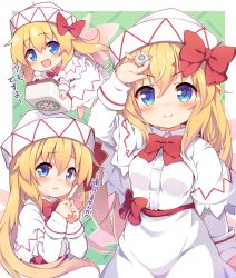 Rule 34 | :d, arm up, baku-p, barefoot, blonde hair, blue eyes, blush, bow, breasts, capelet, chibi, closed mouth, commentary request, dress, fairy wings, flying, flying sweatdrops, green background, hair between eyes, hair bow, hat, holding, holding mahjong tile, lily white, long hair, long sleeves, mahjong, mahjong tile, mini person, minigirl, open mouth, pink wings, red bow, sleeves past wrists, small breasts, smile, tenbou, touhou, translation request, v-shaped eyebrows, very long hair, white capelet, white dress, white headwear, wings