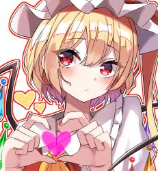 Rule 34 | 1girl, ascot, blonde hair, blush, closed mouth, collarbone, flandre scarlet, hair between eyes, hat, hat ribbon, head tilt, heart, heart hands, highres, kiui (dagk8254), looking at viewer, medium hair, mob cap, nail polish, puffy short sleeves, puffy sleeves, red eyes, red nails, red ribbon, red vest, ribbon, shirt, short sleeves, side ponytail, solo, touhou, upper body, vest, white hat, white shirt, yellow ascot