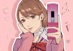 Rule 34 | 1girl, arrow (projectile), bow, bow (weapon), bowtie, brown eyes, brown hair, cardigan, cellphone, choker, closed mouth, collared shirt, commentary, earrings, flip phone, gekkoukan high school uniform, hand on own face, hand up, head rest, heart, heart choker, highres, holding, holding phone, jewelry, kurorium, lips, long sleeves, looking at viewer, loose bowtie, persona, persona 3, persona 3 reload, phone, pink background, pink cardigan, pink lips, pink theme, red bow, red bowtie, ribbed cardigan, ribbon, school uniform, selfie, shirt, short hair, solo, sparkle, stud earrings, swept bangs, symbol-only commentary, takeba yukari, upper body, weapon, white choker, white shirt