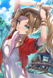 Rule 34 | 1girl, absurdres, aerith gainsborough, belt, blue sky, bracelet, braid, braiding hair, brown hair, cloud, dress, final fantasy, final fantasy vii, final fantasy vii remake, gainsborough house, green eyes, hairdressing, highres, house, jacket, jewelry, mouth hold, necklace, pink dress, red jacket, ribbon, ribbon in mouth, shoji sakura, sky, square enix, stairs, tying hair, wavy hair