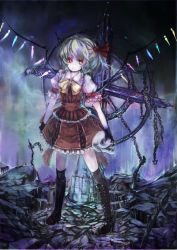 Rule 34 | 1girl, blonde hair, boots, bow, chain, childofa, dress, female focus, flandre scarlet, frills, gloves, hair bow, no headwear, no headwear, red eyes, short hair, side ponytail, skull, smile, solo, embodiment of scarlet devil, touhou, wings