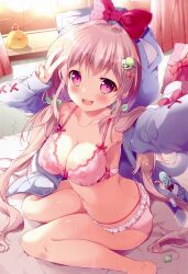 Rule 34 | 1girl, absurdres, animal hood, arm up, barefoot, bedroom, bird, blue hoodie, bow, bow bra, bra, breasts, candy, cat hood, cat tail, chick, curtains, food, frilled panties, frills, from side, gift, hair ornament, highres, hood, hood up, hoodie, indoors, large breasts, lollipop, long hair, long sleeves, looking at viewer, mikeou, multi-strapped panties, no pants, on bed, open clothes, open hoodie, open mouth, original, panties, pink bra, pink eyes, pink hair, pink panties, selfie, sitting, smile, solo, tail, underwear, v, very long hair, wariza