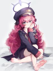 Rule 34 | 1girl, absurdres, armband, barefoot, black headwear, blue archive, blush, feet, grey eyes, halo, hat, highres, iroha (blue archive), jacket, legs, long hair, long sleeves, looking at viewer, military, military hat, military jacket, military uniform, necktie, peach5828, red hair, red necktie, safety pin, simple background, sitting, unworn socks, soles, toenails, toes, uniform, wavy hair