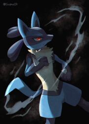 Rule 34 | black background, cazmo, closed mouth, commentary request, creatures (company), game freak, gen 4 pokemon, hand up, legs apart, lucario, nintendo, pokemon, pokemon (creature), red eyes, solo, spikes, watermark, yellow fur