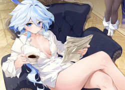 Rule 34 | 2girls, absurdres, ahoge, bare legs, blue eyes, blue hair, bottomless, breasts, chair, cleavage, clorinde (genshin impact), coffee, collarbone, commentary request, crossed legs, cup, furina (genshin impact), genshin impact, hair between eyes, highres, holding, holding cup, holding newspaper, jjjsss, legs, long hair, looking at viewer, medium breasts, multicolored hair, multiple girls, naked shirt, newspaper, on chair, shirt, sitting, two-tone hair, white shirt