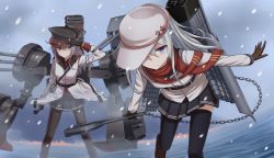 Rule 34 | 2girls, anchor, armor, bad id, bad twitter id, belt, black gloves, black legwear, black skirt, blouse, blue eyes, boots, breasts, brown gloves, cannon, closed mouth, dress, flat cap, gangut (kancolle), gloves, grey hair, hat, hibiki (kancolle), jacket, kantai collection, long hair, long sleeves, looking at another, looking at viewer, medium breasts, military, military hat, military jacket, military uniform, miniskirt, multiple girls, naval uniform, ocean, outdoors, pantyhose, peaked cap, red eyes, red shirt, sailor collar, sailor dress, sailor hat, scarf, school uniform, serafuku, shirt, shoes, skirt, small breasts, snowing, thighhighs, torpedo, turret, uniform, verniy (kancolle), yakob labo