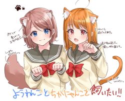 Rule 34 | 2girls, :3, ahoge, animal ear fluff, animal ears, bad id, bad twitter id, blue eyes, blush, bow, bowtie, brown hair, cat ears, cat tail, commentary request, dog ears, dog tail, fang, kemonomimi mode, long sleeves, looking at viewer, love live!, love live! sunshine!!, medium hair, minori 748, multiple girls, open mouth, orange hair, paw pose, paw print, red eyes, red neckwear, school uniform, serafuku, short hair, smile, tail, takami chika, translation request, upper body, uranohoshi school uniform, watanabe you, white background