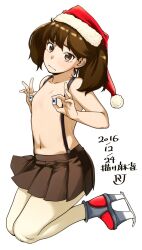 Rule 34 | 1girl, brown eyes, brown hair, christmas, covering nipples, covering privates, embarrassed, flat chest, hat, highres, holding, holding mahjong tile, kantai collection, looking at viewer, mahjong, mahjong tile, medium hair, minakuchi takashi, navel, pantyhose, platform footwear, ryuujou (kancolle), santa hat, skirt, solo, suspender skirt, suspenders, topless, twintails, wavy mouth