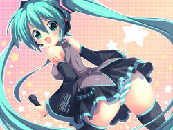 Rule 34 | 1girl, aqua eyes, aqua hair, ass, bad id, bad pixiv id, blush, breasts, detached sleeves, hatsune miku, headphones, headset, impossible clothes, impossible shirt, long hair, looking back, marinon, microphone, necktie, open mouth, panties, pantyshot, shirt, skirt, small breasts, smile, solo, star (symbol), striped clothes, striped panties, thighhighs, twintails, underwear, upskirt, very long hair, vocaloid