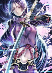 Rule 34 | 1girl, bodysuit, breasts, covered navel, cowboy shot, fate/grand order, fate (series), fingerless gloves, gloves, highres, holding, holding sword, holding weapon, katana, large breasts, long hair, looking at viewer, minamoto no raikou (fate), purple eyes, purple hair, shigehiro (hiroi heya), smile, solo, sword, very long hair, weapon