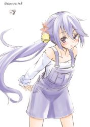 Rule 34 | 10s, 1girl, akebono (kancolle), alternate costume, arms behind back, bare shoulders, bell, blush, casual, flower, fujishima shinnosuke, hair bell, hair between eyes, hair flower, hair ornament, interlocked fingers, jingle bell, kantai collection, long hair, looking at viewer, overall skirt, overalls, purple eyes, purple hair, shirt, side ponytail, solo, white shirt