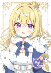 1girl :d aoi_yun artist_name blonde_hair blush character_request commentary copyright_request crown fur_trim gloves gold_crown hand_up long_hair mini_crown off_shoulder open_mouth pointed_crown purple_eyes signature smile tilted_headwear upper_body white_gloves