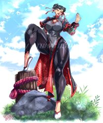 1girl awesometomato18 black_dress black_pants bracelet breasts capcom chun-li dress highres jewelry leg_up muscular_legs pants slippers street_fighter thick_thighs thighs watermark yoga_pants