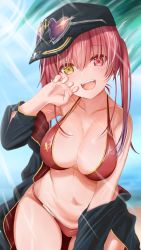 Rule 34 | 1girl, :d, absurdres, bare arms, bare shoulders, baseball cap, beach, bikini, black jacket, breasts, claw pose, cleavage, collarbone, eyewear on headwear, halterneck, hat, heart, heart-shaped eyewear, heterochromia, highres, hololive, houshou marine, houshou marine (summer), jacket, large breasts, lassu558, leaning forward, long hair, looking at viewer, navel, off shoulder, open clothes, open jacket, open mouth, red bikini, red eyes, red hair, sideways hat, smile, solo, string bikini, summer, sunglasses, swimsuit, twintails, virtual youtuber, yellow eyes