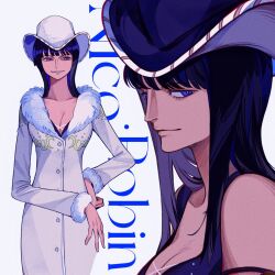 Rule 34 | 1girl, armlet, black hair, blue eyes, blunt bangs, character name, close-up, coat, commentary, cowboy hat, cowboy shot, facing viewer, fur collar, fur trim, hair over shoulder, hand on own hip, hat, highres, light smile, long coat, looking to the side, medium hair, multiple views, nico robin, nico robin (alabasta), one piece, profile, purple headwear, shirt, sleeveless, sleeveless shirt, smile, symbol-only commentary, white background, white coat, white headwear, zhoujo51