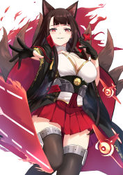 Rule 34 | 1girl, absurdres, aircraft, airplane, akagi (azur lane), animal ears, art itou, azur lane, black gloves, black thighhighs, blunt bangs, breasts, brown hair, cleavage, evil smile, fox ears, fox girl, fox tail, gloves, highres, japanese clothes, kitsune, kyuubi, large breasts, long hair, looking at viewer, multiple tails, obi, outstretched arm, parted lips, partially fingerless gloves, pleated skirt, red eyes, red skirt, sash, shikigami, skirt, smile, solo, tail, thighhighs, turtleneck, underbust, very long hair, wide sleeves, zettai ryouiki