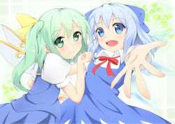 Rule 34 | 2girls, blue dress, blue eyes, blue hair, bow, cirno, daiyousei, dress, fairy wings, green eyes, green hair, hair bow, hair ribbon, highres, kochiya hizuki, looking at viewer, multiple girls, open mouth, outstretched arm, outstretched hand, puffy sleeves, ribbon, shirt, short hair, short sleeves, side ponytail, skirt, skirt set, smile, touhou, vest, wings