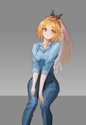 Rule 34 | 1girl, arknights, blue shirt, blush, brown eyes, denim, feather hair, feather hair ornament, feathers, grey background, hair ornament, highres, jeans, kloudyi, long hair, mole, mole under eye, orange hair, orange pupils, pants, pinecone (arknights), ponytail, shirt, sitting, solo