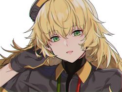 Rule 34 | 1girl, aogisa, bad id, bad pixiv id, black gloves, blonde hair, bodysuit, chromatic aberration, girls&#039; frontline, gloves, green eyes, hair between eyes, hair ornament, hand in own hair, highres, jacket, long hair, looking at viewer, multicolored clothes, multicolored jacket, open mouth, s.a.t.8 (girls&#039; frontline), solo focus, white background
