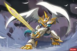 Rule 34 | armagemon, claws, digimoji, digimon, feathered wings, feathers, highres, imperialdramon, imperialdramon paladin mode, sword, weapon, wings