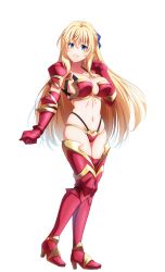 Rule 34 | 1girl, alternate breast size, alternate costume, armor, armored boots, bikini armor, blonde hair, blue eyes, boots, gauntlets, goblin slayer!, grin, kankitukou, long hair, navel, priestess (goblin slayer!), red armor, red footwear, shoulder plates, simple background, smile, solo, stomach, teeth, thigh boots, white background