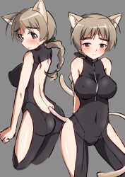 Rule 34 | 1girl, ahoge, animal ears, backless outfit, black bodysuit, blue eyes, blush, bodysuit, braid, braided ponytail, breasts, cat ears, cat tail, closed mouth, covered erect nipples, grey background, highres, large breasts, lynette bishop, multiple views, ponytail, shiny skin, simple background, sketch, strike witches, sweat, tail, tricky 46, world witches series