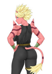 Rule 34 | 1girl, ass, ass focus, bad id, bad pixiv id, blonde hair, blue eyes, breasts, clothing cutout, colored skin, dragon quest, dragon quest x, from behind, full body, highres, horns, large breasts, looking back, ogre (dq10), pointy ears, red skin, short hair, simple background, solo, spikes, tail, tail through clothes, white background