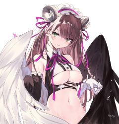 Rule 34 | 1girl, angel wings, asymmetrical gloves, bad id, bad twitter id, black gloves, black wings, blush, breasts, brown hair, clothing cutout, cropped shirt, curled horns, feathered wings, frilled gloves, frills, gloves, green eyes, head tilt, horns, long hair, looking at viewer, maid, maid headdress, mismatched gloves, nanananana, navel, open mouth, original, pointy ears, purple neckwear, purple ribbon, ribbon, shirt, simple background, sleeveless, sleeveless shirt, solo, stomach, underboob, underboob cutout, white background, white gloves, white wings, wings