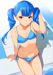 Rule 34 | 1girl, arm support, bad id, bad pixiv id, bare shoulders, bikini, blue bikini, blue hair, breasts, cleavage, closed mouth, collarbone, curly hair, hand in own hair, long hair, looking at viewer, navel, original, outdoors, poolside, red eyes, sidelocks, sitting, small breasts, soaking feet, solo, stomach, sugarbeat, swimsuit, thighs, twintails, yukari (sugarbeat)