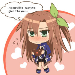 Rule 34 | 10s, 1girl, blush, bow, brown hair, chibi, chocolate, coat, deformed, english text, green eyes, hair bow, hard-translated, if (neptunia), long hair, neptune (series), ponytail, side ponytail, solo, third-party edit, tsundere, valentine, wavy mouth, yuriesu