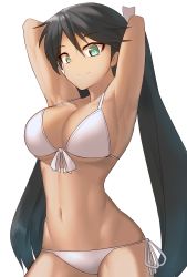 Rule 34 | 10s, 1girl, absurdres, armpits, bikini, blue hair, breasts, collarbone, cowboy shot, female focus, front-tie bikini top, front-tie top, green eyes, highres, isuzu (kancolle), kantai collection, large breasts, light smile, long hair, looking at viewer, navel, ranma (kamenrideroz), side-tie bikini bottom, solo, swimsuit, toned, twintails, very long hair, white background, white bikini