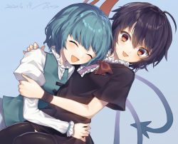 Rule 34 | 2girls, :d, ahoge, asymmetrical wings, black dress, black hair, black wristband, blue hair, blue vest, blush, bow, bowtie, breasts, center frills, closed eyes, commentary request, dated, dress, embarrassed, eyelashes, fang, fingernails, frills, hand on another&#039;s shoulder, happy, houjuu nue, hug, kisamu (ksmz), light blue background, multiple girls, open mouth, red bow, red bowtie, red eyes, shirt, short hair, short sleeves, simple background, small breasts, smile, sweatdrop, tatara kogasa, touhou, upper body, vest, white shirt, white sleeves, wings