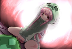 Rule 34 | 1girl, bare legs, buttons, creeparka, creeper, dutch angle, explosive, highres, hood, hoodie, long hair, looking at viewer, minecraft, naked hoodie, noa (nagareboshi), personification, pout, red eyes, red hair, sidelocks, sitting, solo, tnt, tnt block (minecraft), wariza