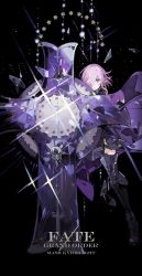 Rule 34 | 1girl, armor, armored boots, boots, capelet, fate (series), high heel boots, high heels, holding, looking at viewer, mash kyrielight, purple eyes, purple hair, shield, short hair, smile, solo, starshadowmagician, tarot, tarot (medium)