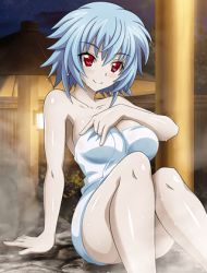 Rule 34 | 10s, 1girl, arm support, bare shoulders, blue hair, breasts, cleavage, collarbone, eyebrows, infinite stratos, large breasts, looking at viewer, lowres, naked towel, outdoors, red eyes, sarashiki tatenashi, shiny skin, short hair, sideboob, sitting, smile, solo, towel, wet, white towel