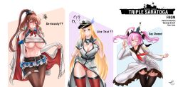 Rule 34 | 3girls, absurdres, areola slip, azur lane, black legwear, blonde hair, breast pocket, breasts, brown hair, cleavage, clothes lift, cosplay, costume switch, crazyskull, dress, dress lift, english text, feather hair ornament, hair ornament, highres, historical name connection, kantai collection, large breasts, lifted by self, multiple girls, name connection, panties, pantyhose, pink hair, pocket, red legwear, red panties, saratoga (azur lane), saratoga (azur lane) (cosplay), saratoga (kancolle), saratoga (kancolle) (cosplay), saratoga (warship girls r), saratoga (warship girls r) (cosplay), small breasts, thighhighs, underwear, v, warship girls r