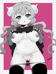 Rule 34 | 1girl, absurdres, artist name, black panties, black shirt, black thighhighs, blush, border, breasts, claws, cleft of venus, clothes lift, dragon girl, dragon horns, eroartdraw, female focus, from below, highres, horns, ilulu (maidragon), kobayashi-san chi no maidragon, large breasts, lifted by self, long hair, looking at viewer, looking down, low twintails, monochrome, navel, nipples, open mouth, outside border, panties, panty pull, pink background, pointy ears, pussy, sharp teeth, shirt, shirt lift, shortstack, sidelocks, simple background, slit pupils, solo, standing, teeth, thighhighs, triangle mouth, twintails, underwear
