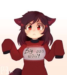 Rule 34 | 1girl, animal ears, arms up, breasts, brown hair, clothes writing, commentary, dungeon toaster, ears down, english commentary, english text, frown, gradient background, highres, imaizumi kagerou, long hair, looking at viewer, medium breasts, pink background, red eyes, sleeves past fingers, sleeves past wrists, solo, sweater, tagme, tail, touhou, upper body, watermark, wolf ears, wolf tail
