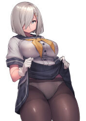Rule 34 | 1girl, absurdres, black pantyhose, blue eyes, blush, breasts, buttons, closed mouth, clothes lift, collarbone, cowboy shot, gloves, grey hair, grey sailor collar, grey skirt, hair ornament, hair over one eye, hairclip, hamakaze (kancolle), highres, kantai collection, large breasts, lifted by self, neckerchief, panties, panties under pantyhose, pantyhose, pleated skirt, sailor collar, school uniform, serafuku, short hair, siesta (artist), simple background, skirt, skirt lift, solo, underwear, white background, white gloves, white panties, yellow neckerchief