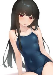 Rule 34 | 1girl, arm support, black hair, blue one-piece swimsuit, blunt bangs, breasts, brown eyes, commentary request, competition school swimsuit, covered navel, hatsuyuki (kancolle), kantai collection, one-piece swimsuit, sakieko, school swimsuit, simple background, sitting, small breasts, solo, swimsuit, white background